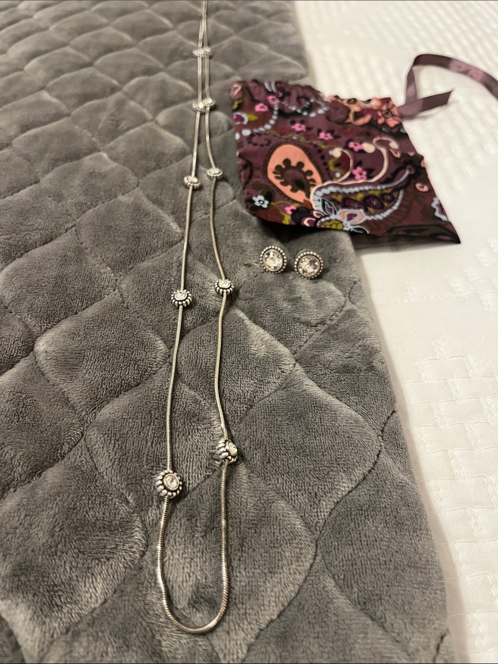 Brighton original Silver Floral rinestone Long Necklace with Matching Earrings -